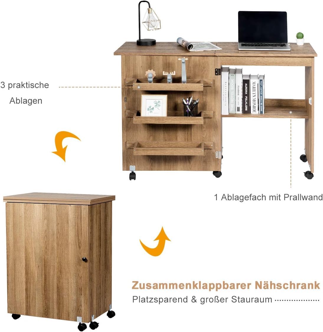 FANTASK Armario de Costura y Escritorio Plegable de Madera, Mesa de Costura Natural con 3 estantes para bobinas, Mesa de Costura para salón y Dormitorio con Ruedas bloqueables