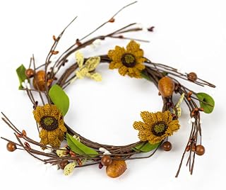 A Cheerful Giver Small Wreath Candle Ring - Burlap Sunflower with Iron Bee, Honeycomb, Pip & Leaf Artificial Floral Decor for Candles - Centerpieces & Home Accents