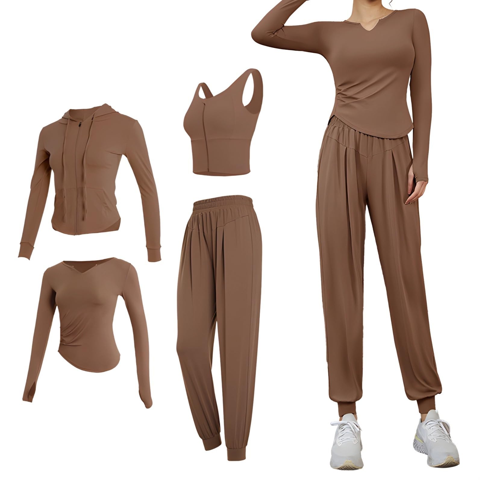 Conjunto de entrenamiento de manga larga para mujer, juego de 4 piezas, tela transpirable de poliéster y elastano, XXL y otros tamaños, perfecto para fitness y uso casual