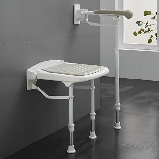 CareDear Folding Wall-Mounted Shower Seat with Grab Bar - 550lbs Support, Adjustable Height, Foldable Bath Bench for Seniors