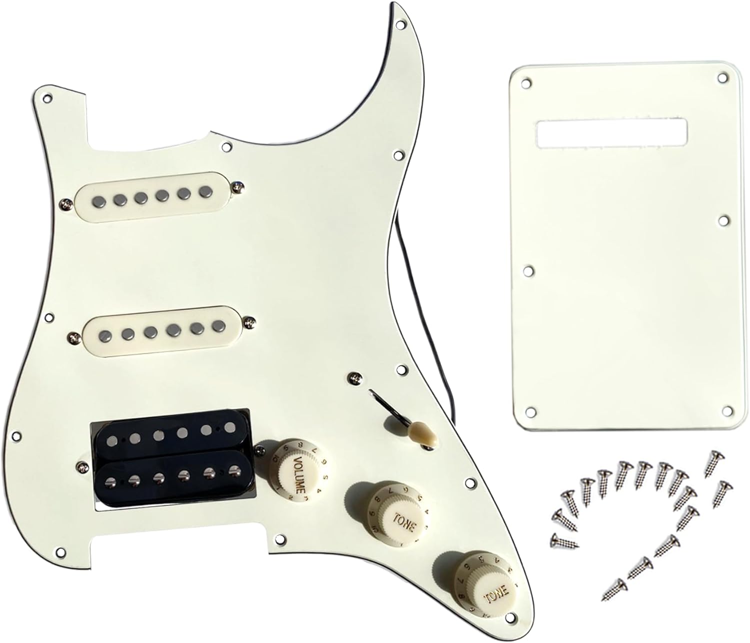 Prewired Electric Guitar Pick Guard Loaded SSH Pickups,3-ply Pickguard with Single Coil Pick-up Humbucker PU,Scratchplate with Alnico v Pups 5-way Switch & Control Knobs for Fender Strat