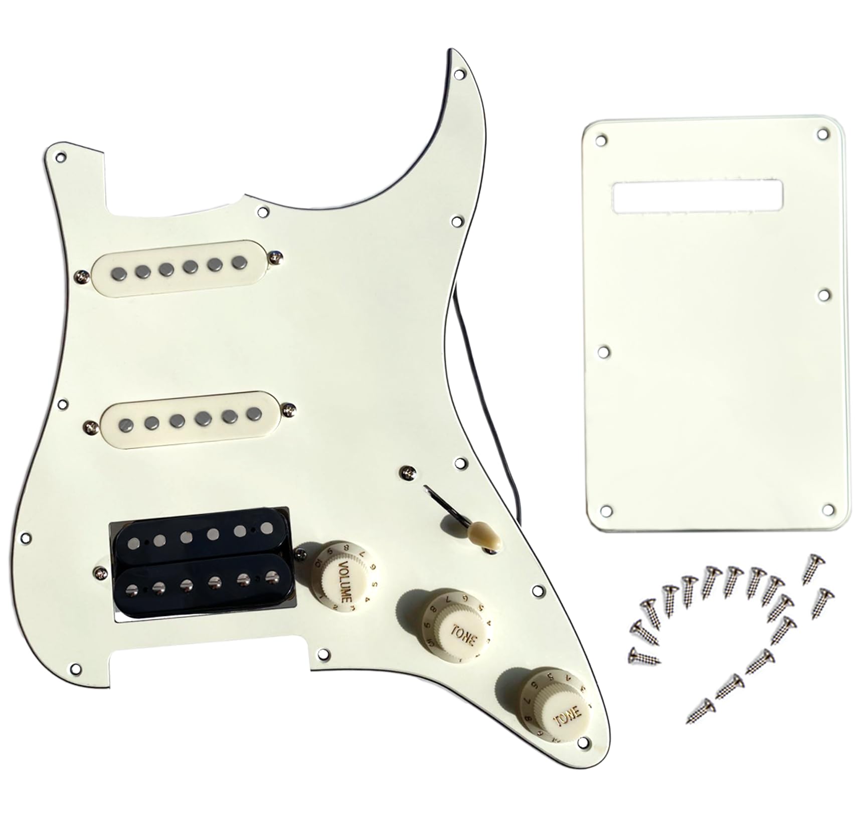 Prewired Electric Guitar Pick Guard Loaded SSH Pickups,3-ply Pickguard with Single Coil Pick-up Humbucker PU,Scratchplate with Alnico v Pups 5-way Switch & Control Knobs for Fender Strat