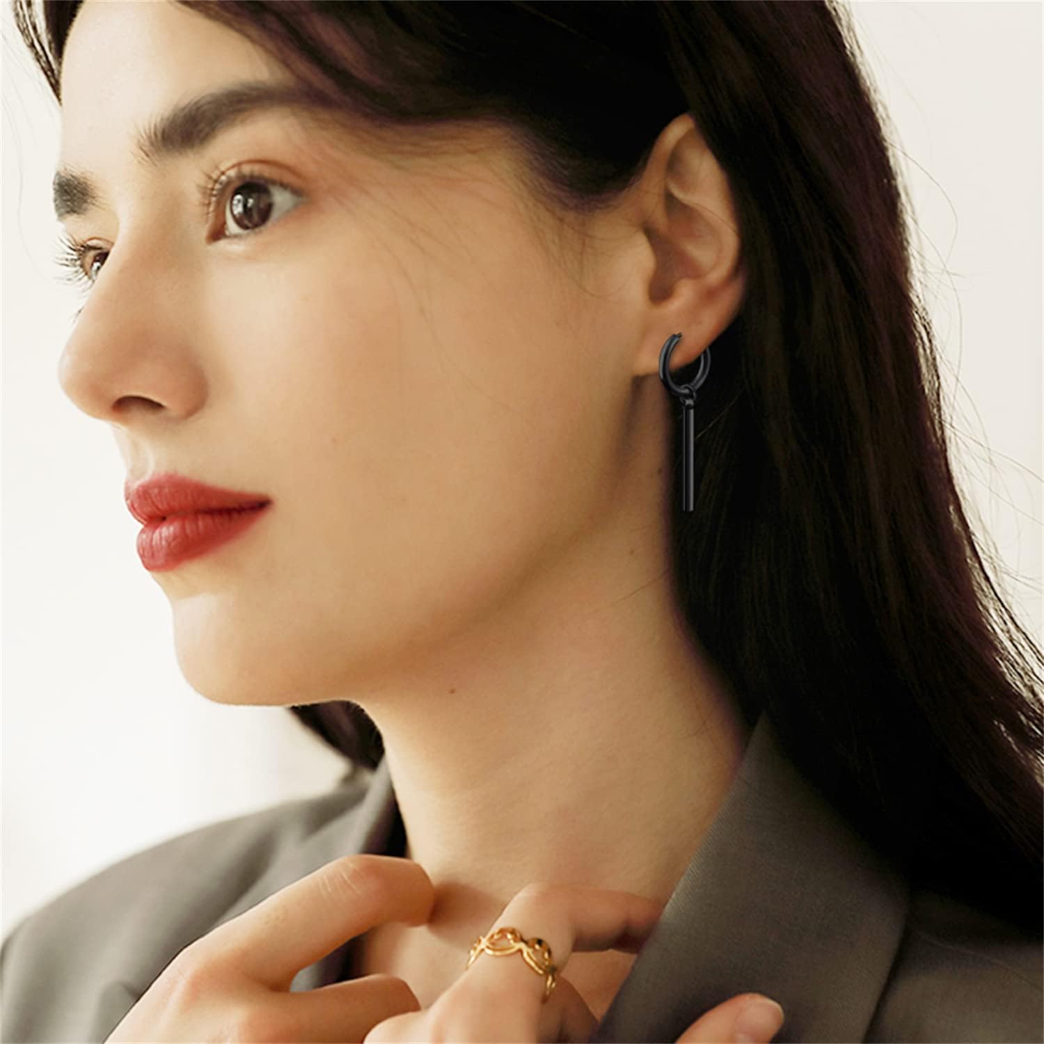 Punk Stainless Steel Long Bar Small Huggie Hoop Earrings Dangle Drop Ear Earrings for Women Men - Image 4