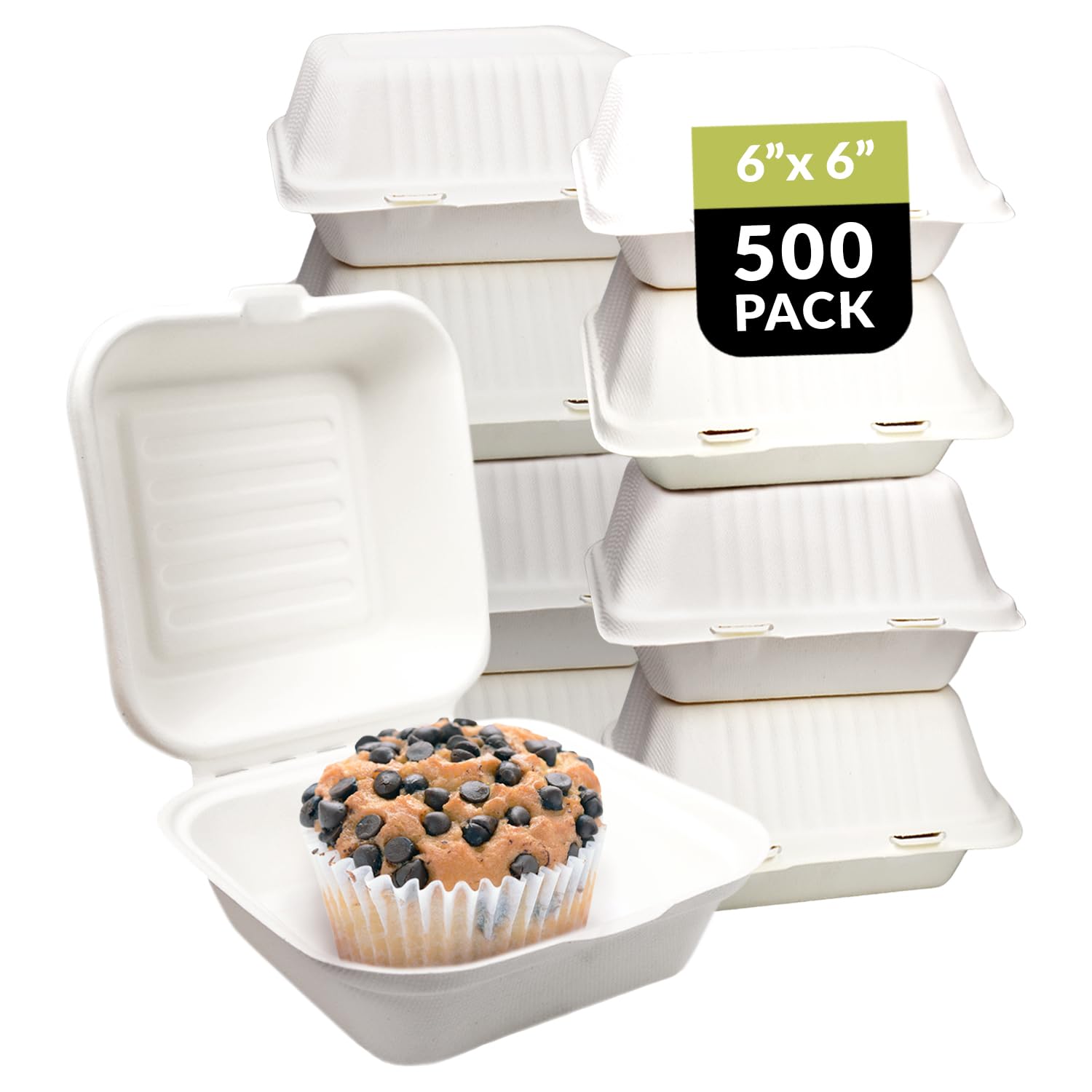 Klex Eco-Friendly Clamshell Takeout Food Containers [6-Inch, 500-Pack], Microwave Freezer Safe, Made from Bamboo & Sugarcane, 6"x6"x3", 500 Count