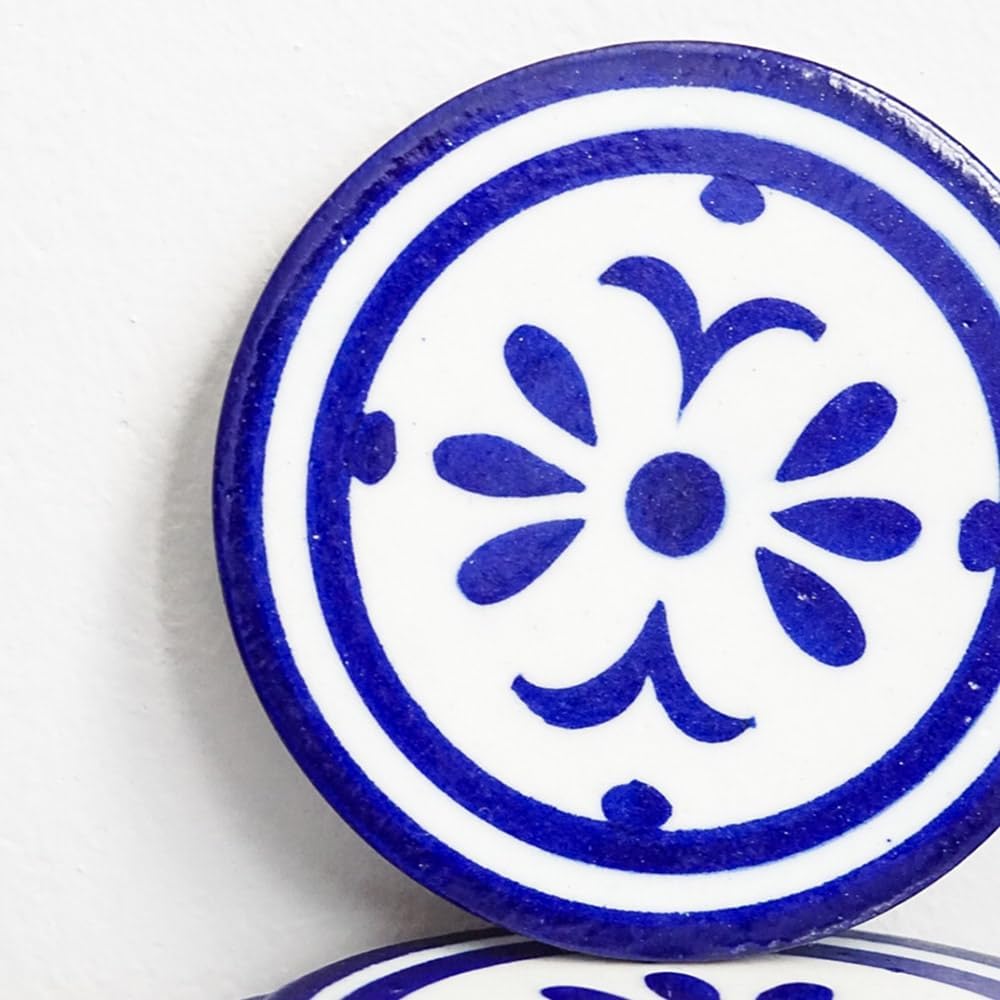 NOVICA Artisan Handmade Ceramic Coasters Blue Pottery in India White Tableware Barware Floral 'Fleur' (set of 4)