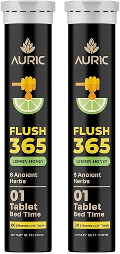 Auric Flush365 efervescentes 40 tabletas de apoyo digestivo a base de hierbas  con trifala, isabgol, aceite de ricino y senna  Sabor miel a limón