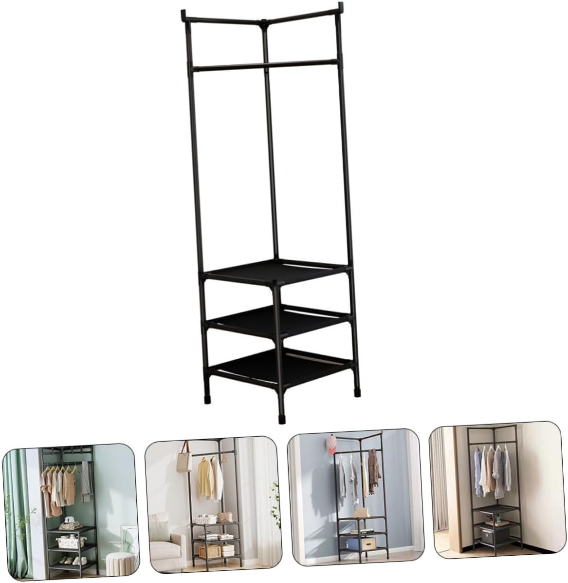 Corner Metal Garment Rack with Tiered Shelves for Bedroom Storage Heavy Duty Clothes Stand for Hanging Coats Hats Scarves Shoes and Storage Boxes Stable Design for Entryway and