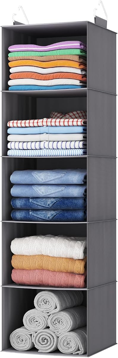 Hanging Closet Organizer and Storage for Clothes 5 Tier | Portable, Foldable, Fabric, Top of Shelves with 2 Sturdy Hooks, Clothing Organization for Wardrobe, Dorm, Bedroom, Gray