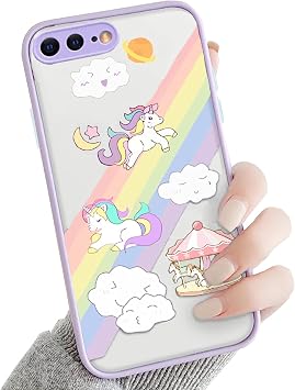 Compatible iPhone 8 Plus/7 Plus Case, Clear Unicorn Design, Slim Fit Shockproof PC & TPU Bumper, Wireless Charging, Camera Protector, Purple