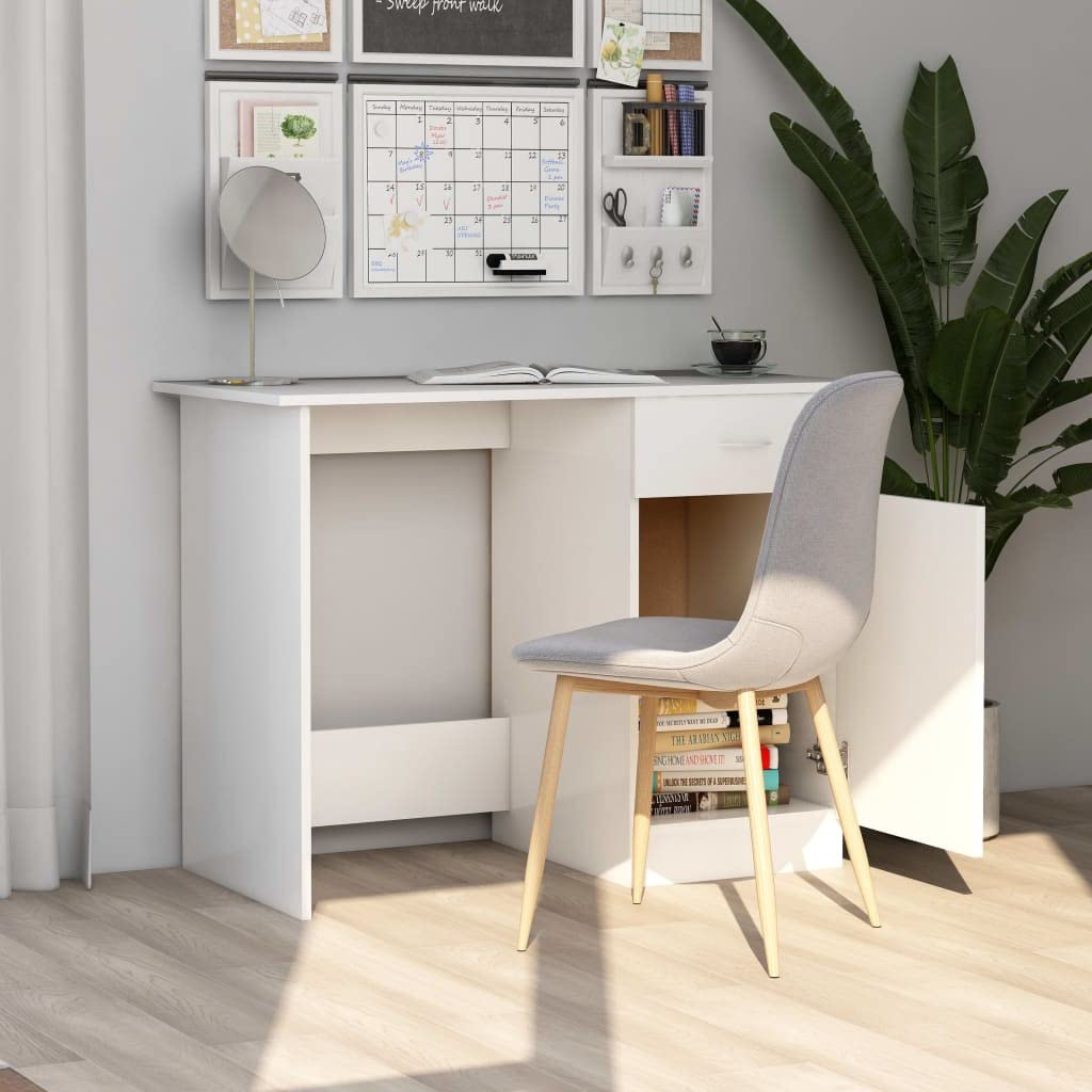 Scrivania bianca in legno, 100 x 50 x 76 cm, con cassetto e porta, salvaspazio, per casa, ufficio, gaming e studio, ergonomica, per bambini e ragazzi