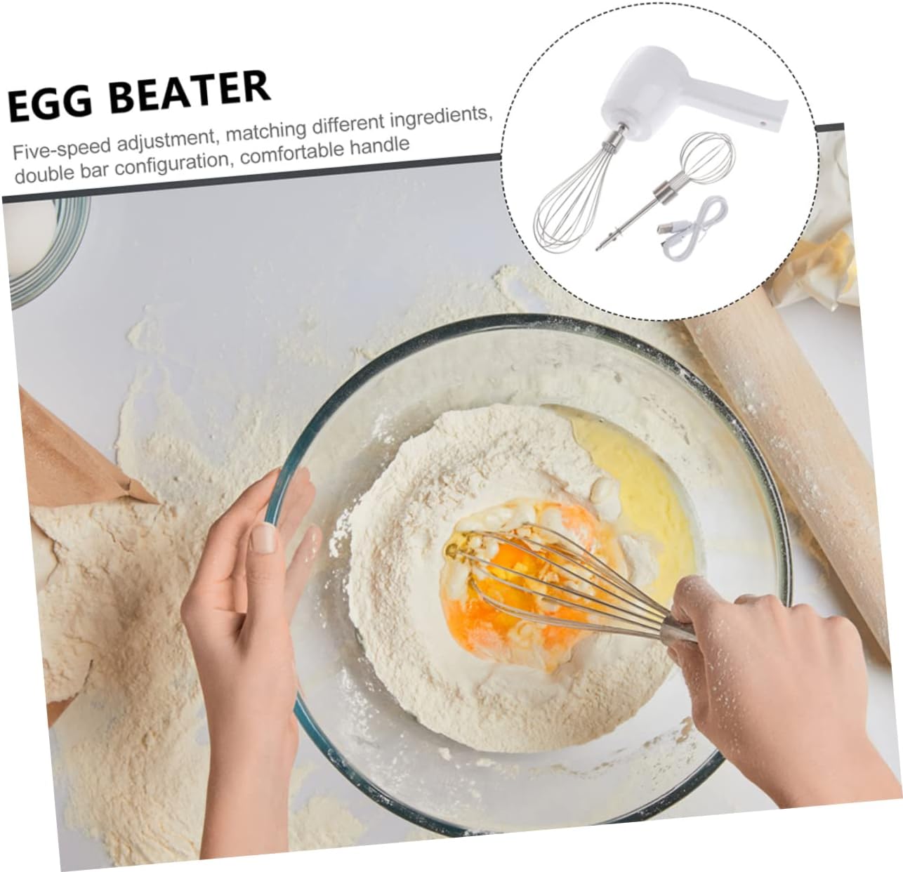 1set Rechargeable Cordless Egg Mixer Gear Adjustable Speed Usb Charging Stainless Steel Beaters for Easy Mixing for Baking and Cooking