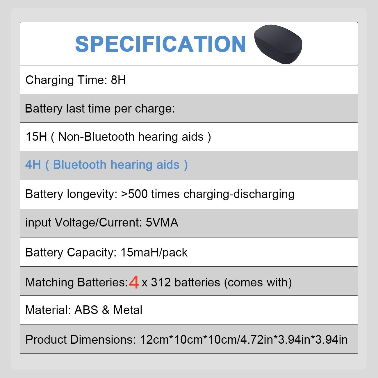 Wokyo 312 batteries rechargeables pour appareils auditifs et chargeur de batterie 312, chargeur de casque, étui de voyage pour 312 amplificateurs d'aides auditives, chargeur de batterie avec 4