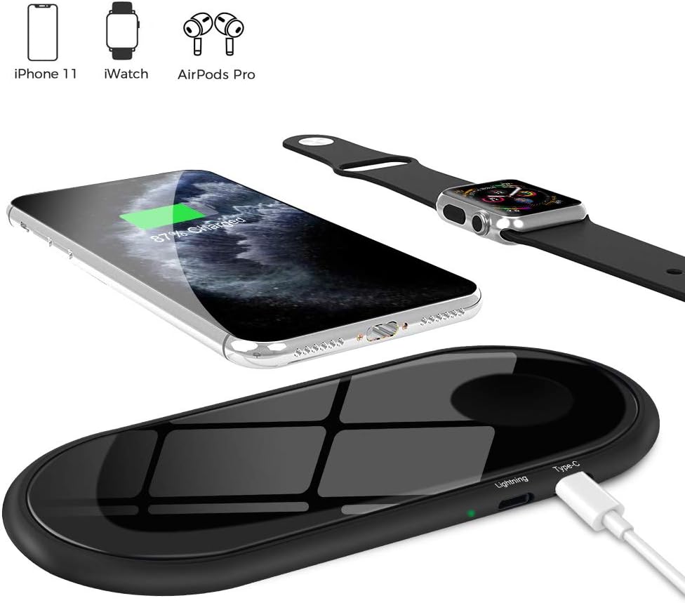 zealsound Dual Wireless Charger, Qi Certified 2 in 1 Glass Wireless Charger with 10W/7.5W/5W Three Charging Mode Fast Charging Station Ultra Slim Pad for All Qi-Enabled Phones and iWatch 1/2/3(Black)