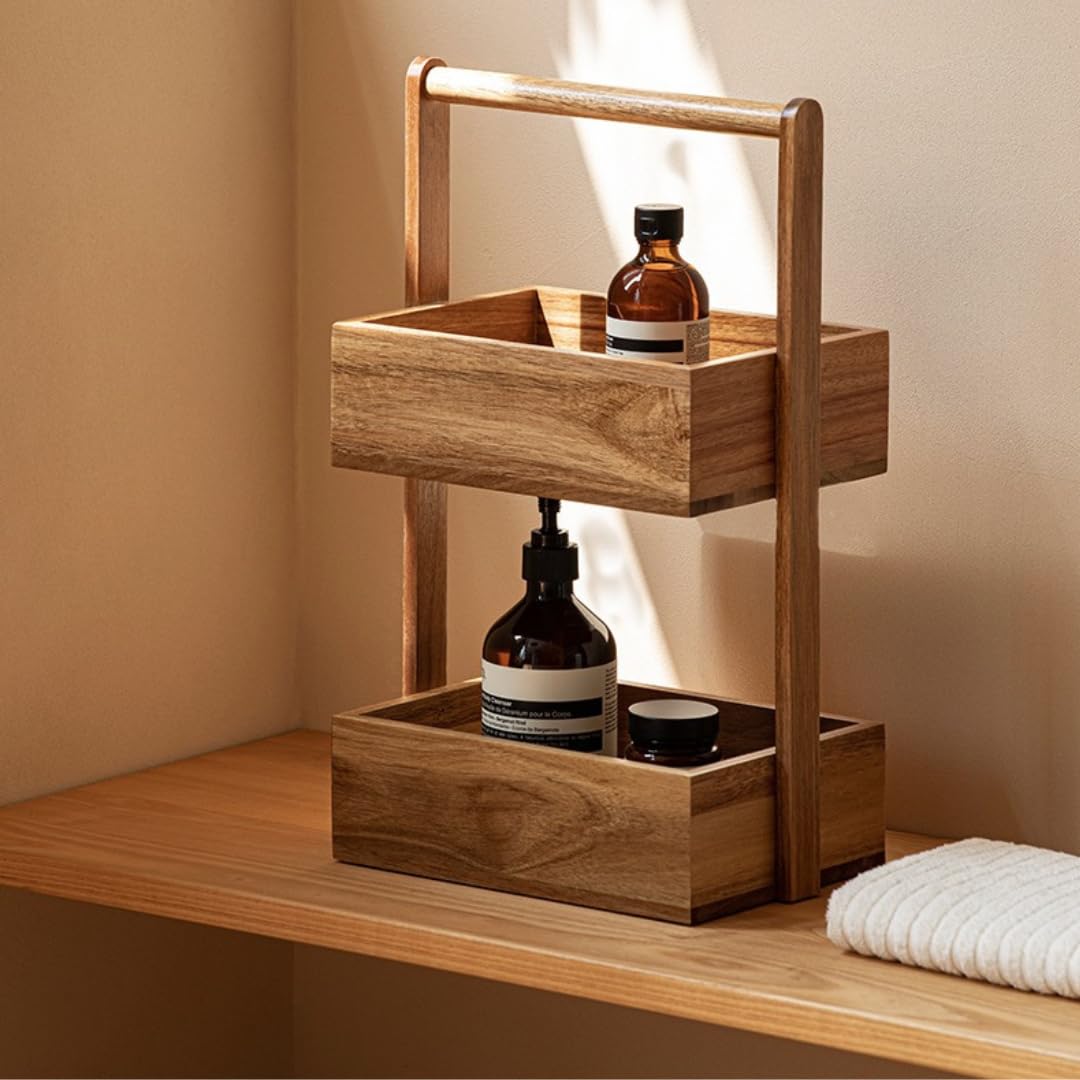 Espositore per cosmetici in legno a 2 livelli per trucco da bagno e cucina, elegante supporto per trucco in legno