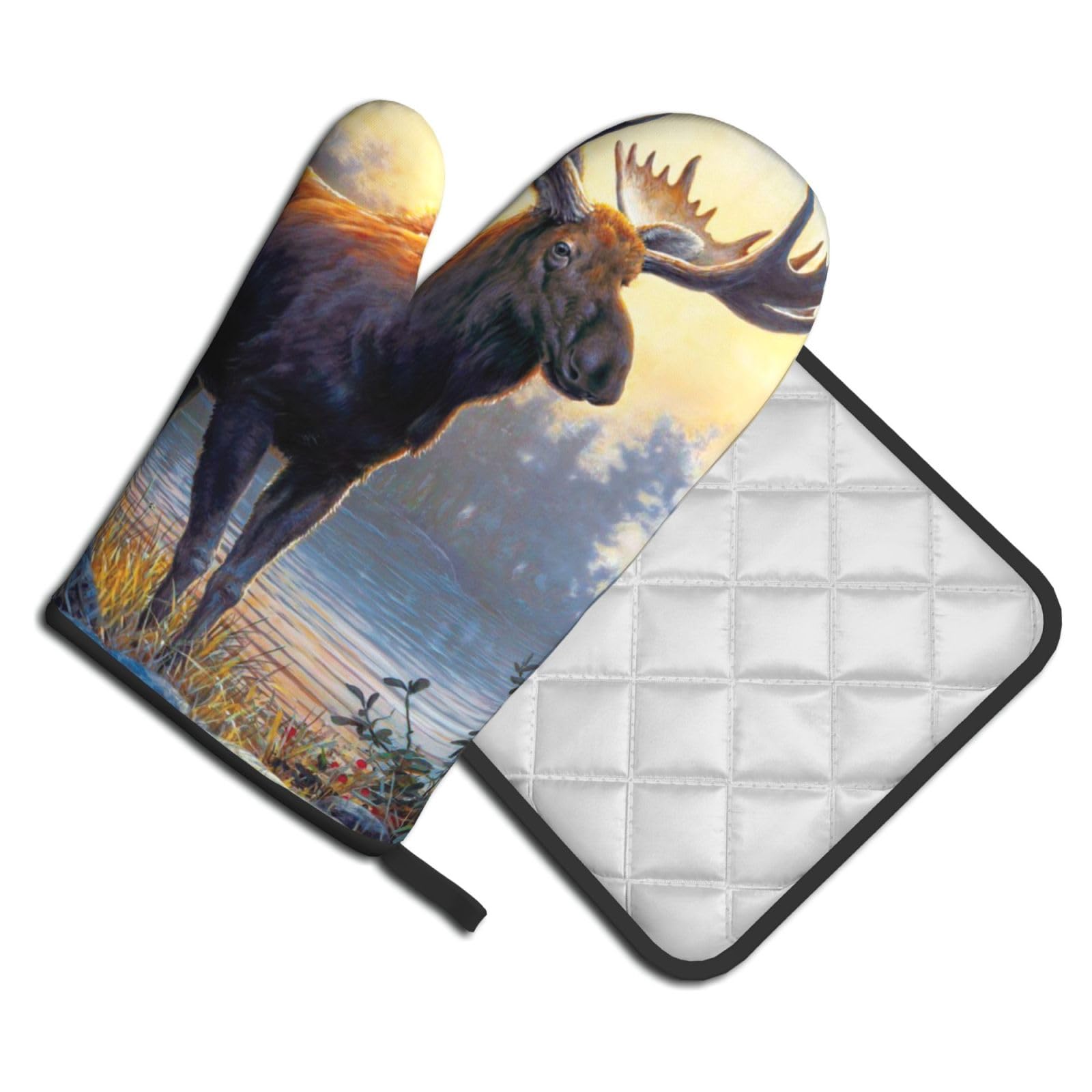Oven Mitts and Pot Holders Set of 2 Pcs, Moose Deer Printed Heat Resistant Kitchen Gloves Potholders for Cooking Baking Grilling