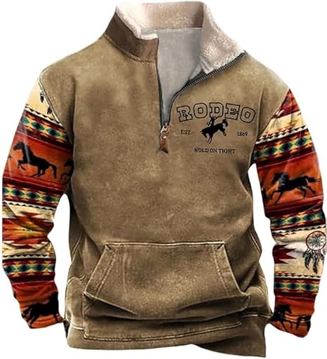 Oneforus Felpa Uomo Western Aztec Quarter Zip - Vintage Oversize Collo Lupetto, Maniche Lunghe - 2