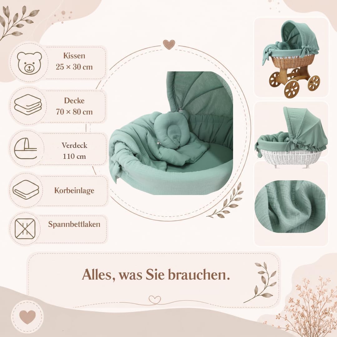 Wiklinopol Baby Bettwäsche Set 5-teilig Musselin Verdeck 110 cm Khaki | Stubenwagen Bezug Set, Babybettwäsche aus 100% Baumwolle, Decke 70x80 cm, Kissen 25x30 cm, Spannbettlaken, Einlage Ø 260 cm