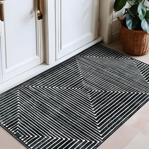 Rugshop Marbella Bohemian Stripes Washable Non Slip Area Rug 2' x 4' Black