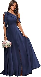 One Shoulder Chiffon Bridesmaid Dresses for Women A Line Pleated Formal Evening Gown with Slit