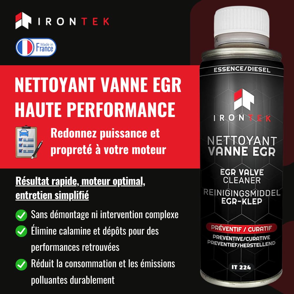 Nettoyant Vanne EGR Diesel et Essence sans Démontage 300ml - IRONTEK | IT224 | Élimine Dépôts Calamine Système EGR Complet | Qualité Pro