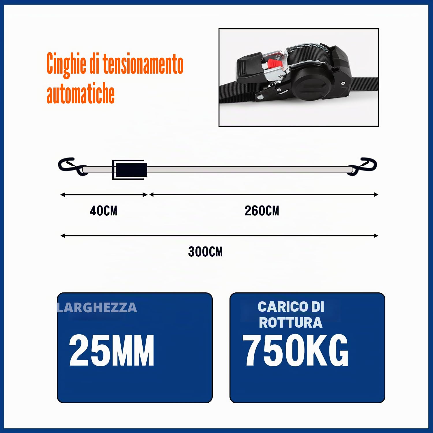 Cinghie a Cricchetto Autoavvolgenti 3m x 25mm | Set di 4 Pezzi con ganci a S, 750kg carico di rottura | Cinghie di fissaggion per moto, rimorchio, camion - Nero