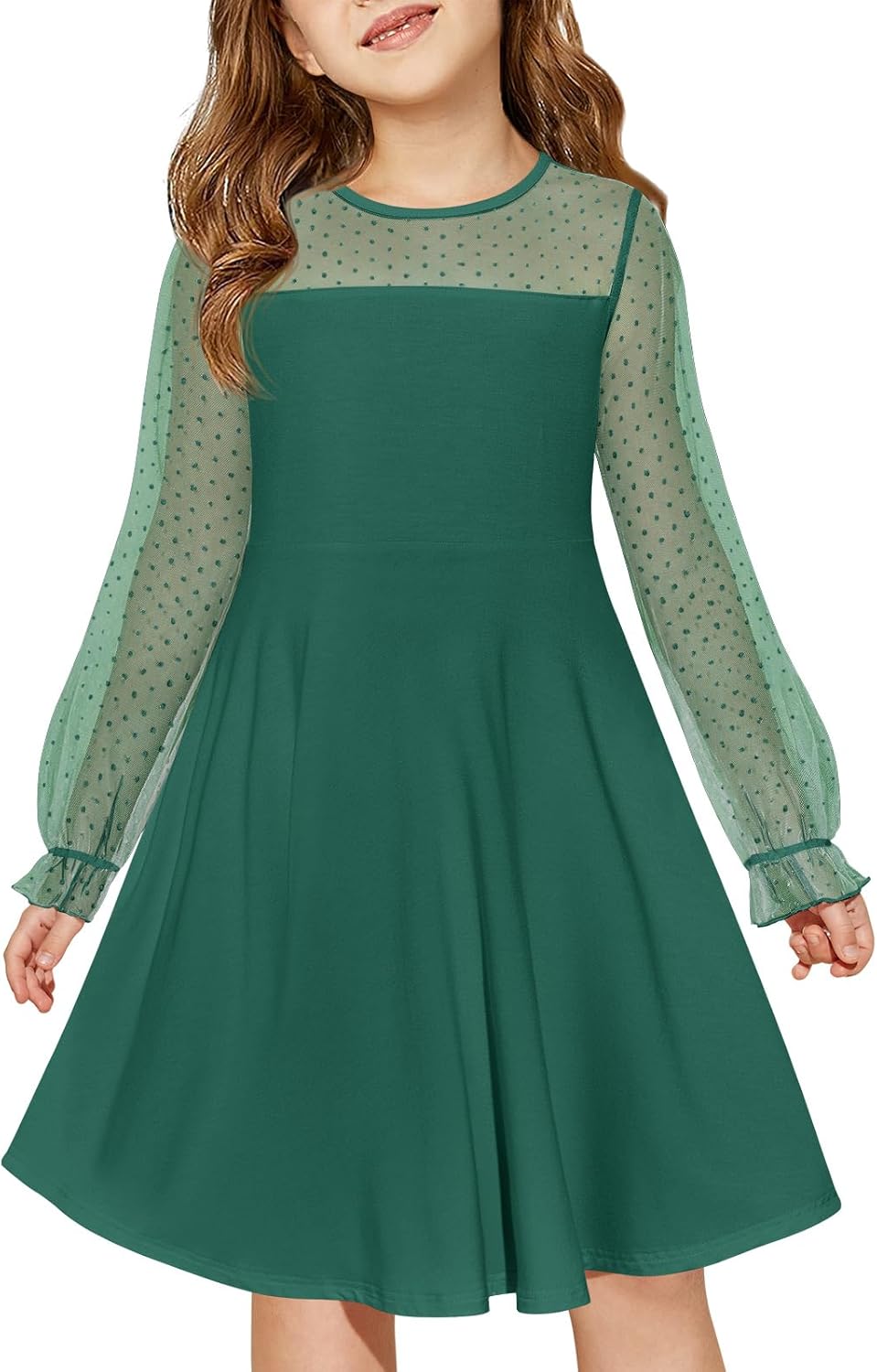 Haloumoning Girls Contrast Mesh Long Sleeve High Waist A Line Short Dress with Pockets 4-14 Years