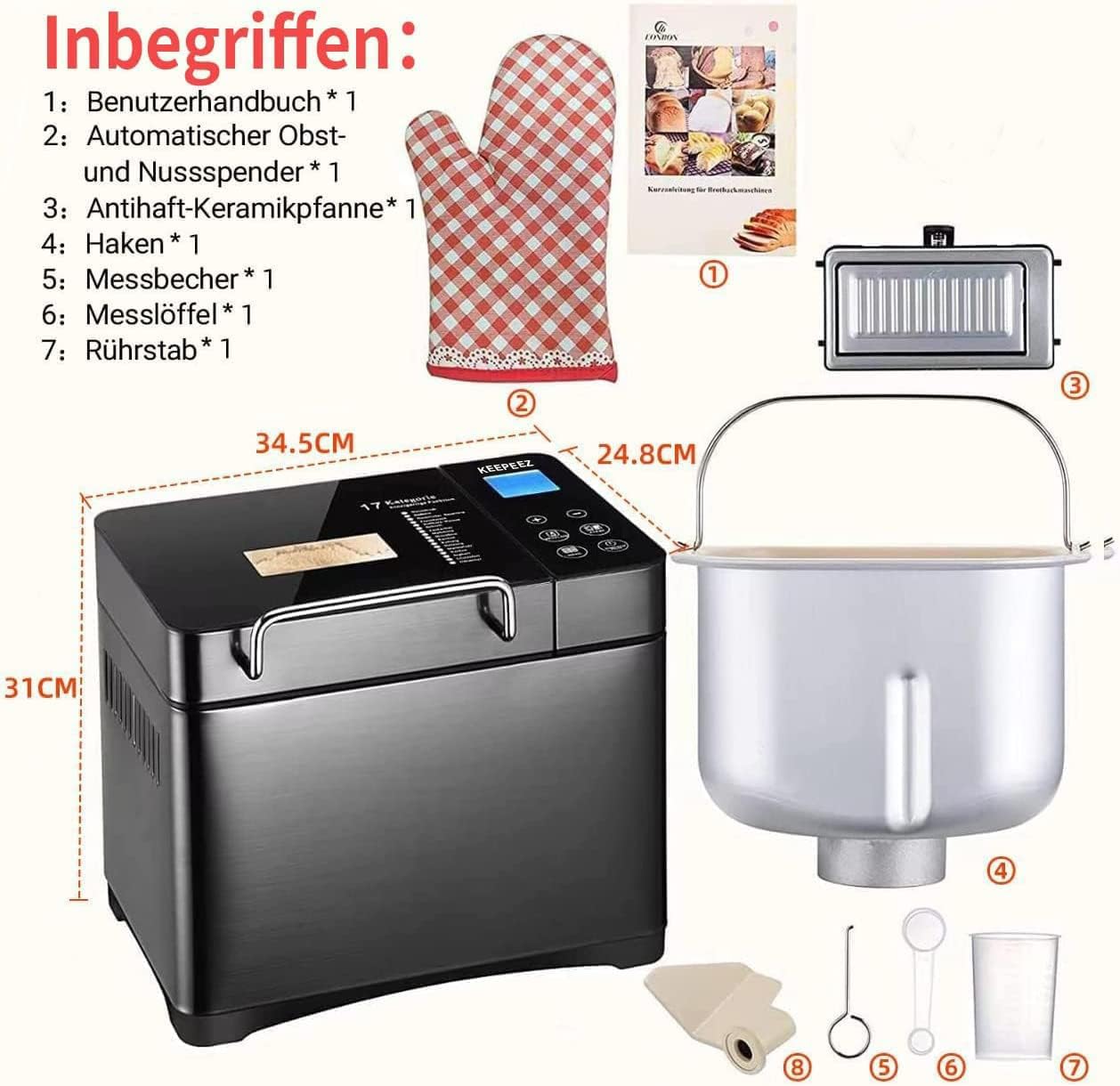 2LB Brotbackautomat, 17-in-1 Brotbackmaschine Edelstahl with 2 Schnellheizer, Auto Nut Dispenser, Keramik-Pfannen, 2 Paddles, Glutenfrei, Teigbereiter, 3 Brotgrößen, 3 Backfarben, MBF-010