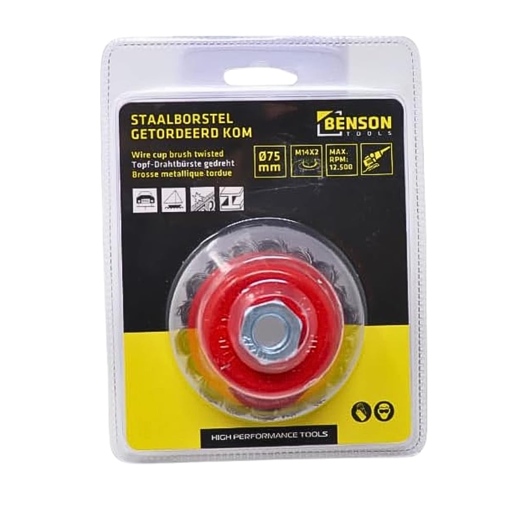 Cepillo de alambre para amoladora angular de 75 mm – Alambre trenzado con rosca M14 x 2 – Cepillo de limpieza resistente para eliminar el óxido y la pintura en metal