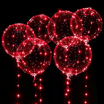 بالونات إضاءة LED من GameXcel مقاس 20 بوصة، عبوة من 6 بالونات بوب شفافة، بالونات فقاعات متوهجة قابلة للتعبئة مع أضواء LED حمراء بطول 10 أقدام لعيد الحب وعيد الميلاد وحفلات الزفاف وحفلات حمام السباحة