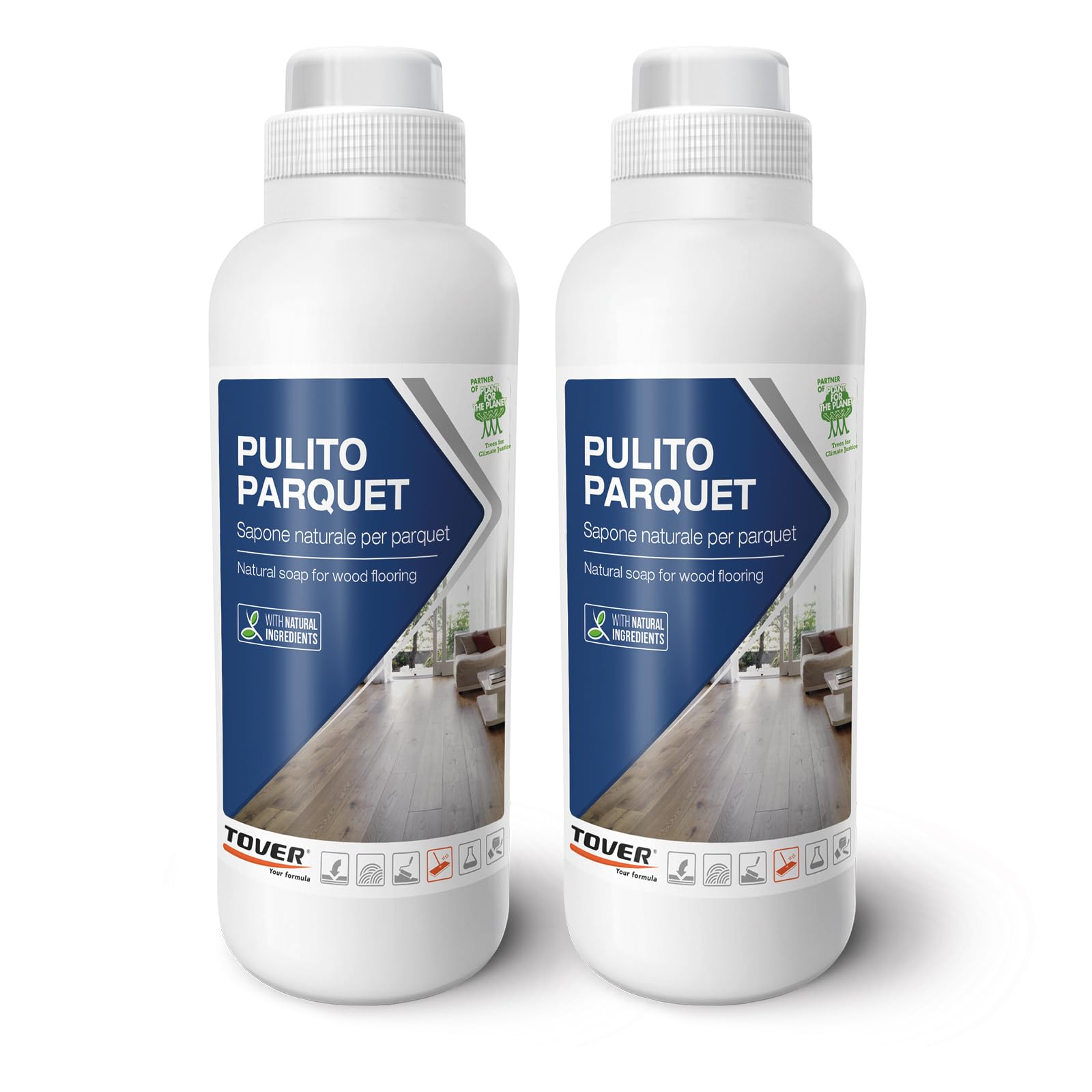 TOVER Pulito Parquet Detergente Nutriente Parquet - Pulisce e Ravviva Legno, Laminato, LVT e SPC - Formula Antistatica, Senza Aloni né Residui, Kit 2x1 Litro
