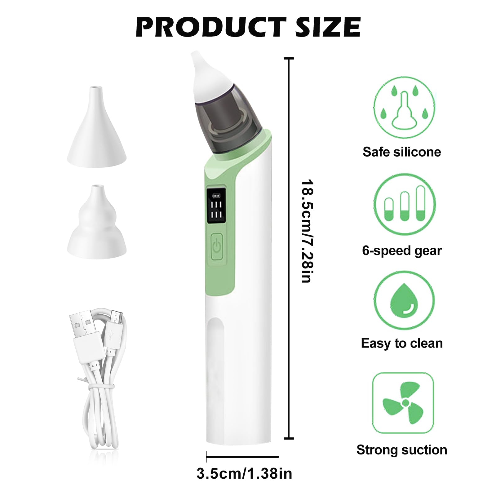 Aspiratore nasale per bambini, aspiratore nasale elettrico, aspiratore nasale, aspiratore nasale con 6 livelli di aspirazione e 2 punte in silicone ricaricabile, per neonati e bambini piccoli (verde)