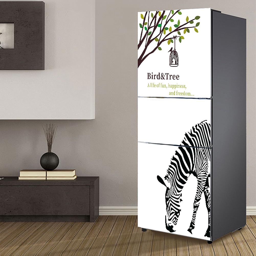 Fridge Sticker, Fridge Sticker Full Covering Door Covers Skins Wall Stickers for Kitchen Decal, Tree Bird cage Zebra(M: 60x180 cm)