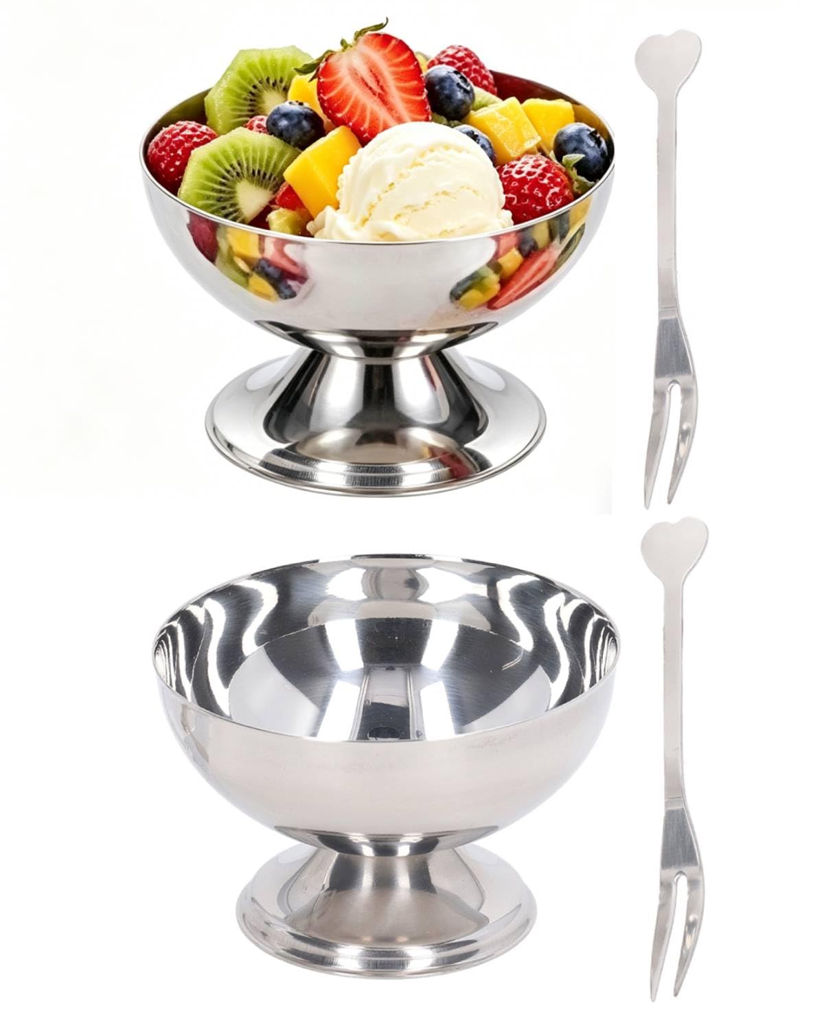 2 PCS Stainless Steel Ice Cream Cups with Forks, Mirror Finish Bowls Large