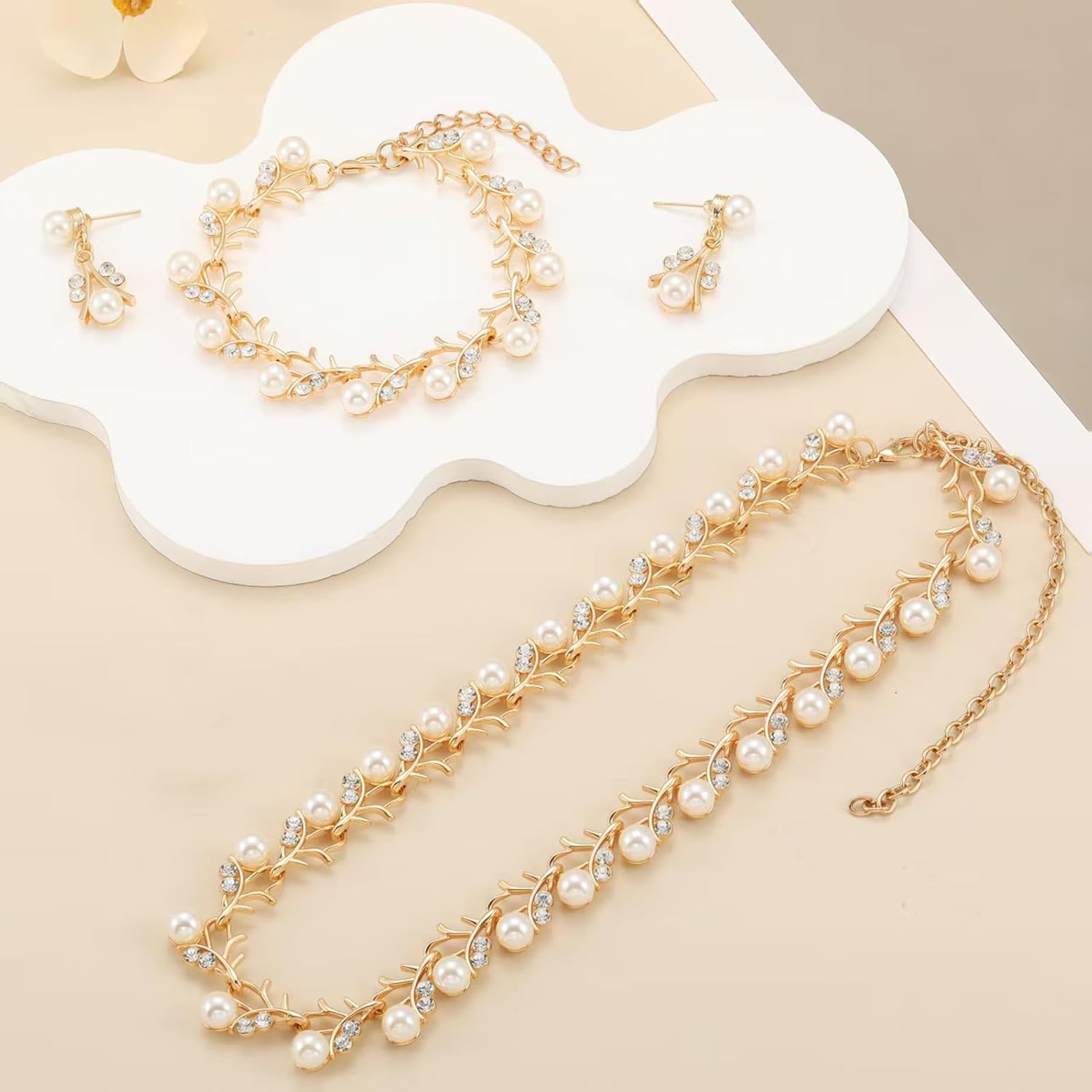 la luen Pearl Bride Wedding Jewelry Set Faux Pearls Crystal Rhinestone Necklace Earrings Bracelet Sets for Women Bridesmaid(3 PCS) - Image 9