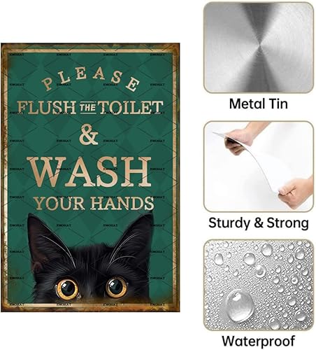 Miniatura 3 de EMOHAT Letrero de placa de metal de aluminio, divertido gato negro con texto en inglés Please Flush Toilet Wash Your Hands, bonito cartel para el