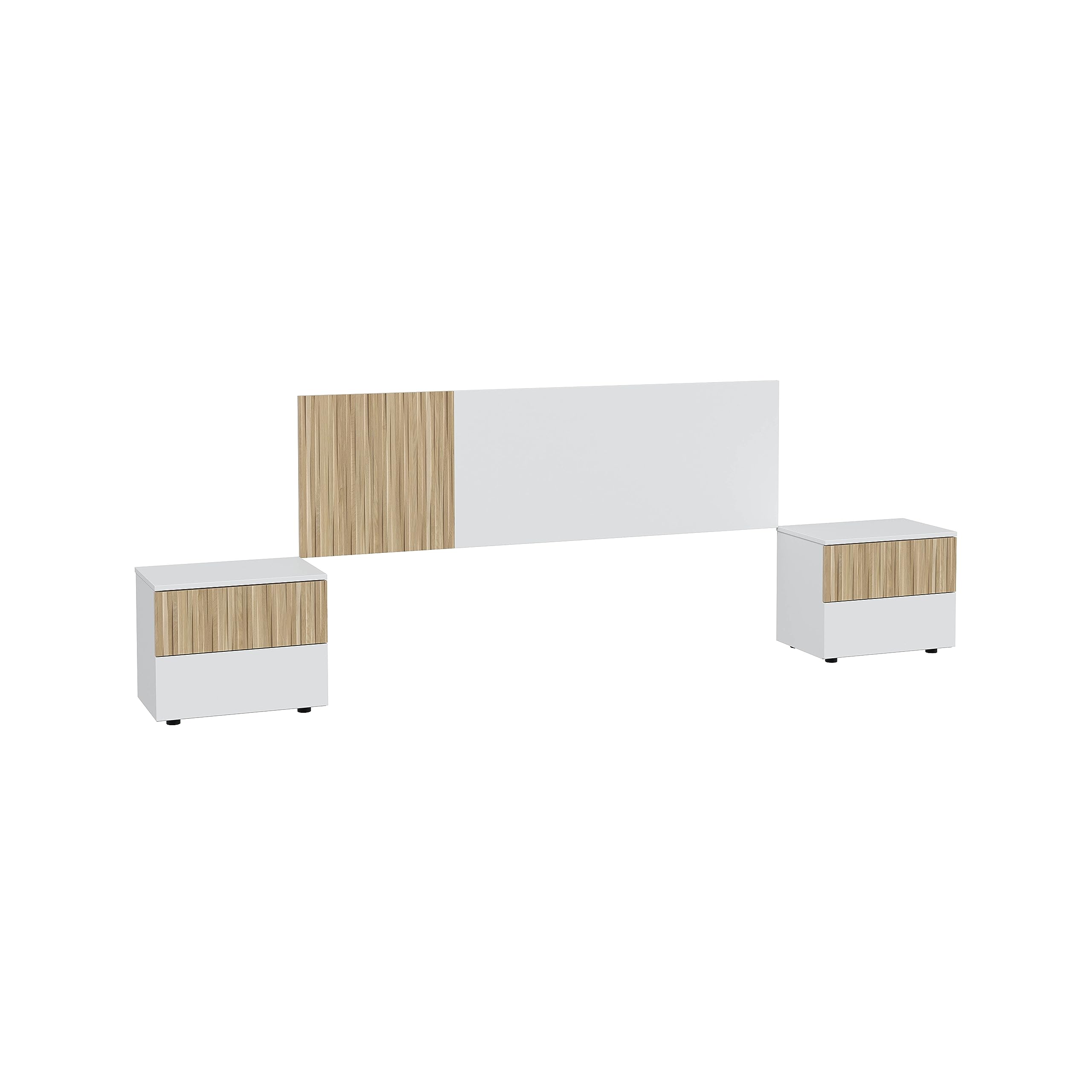 Mobelcenter, Conjunto Cabezal y 2 Mesitas Dormitorio Ethna, Cabecero y Mesitas para Cama de Matrimonio, Color Blanco Artik y Natur, Medidas: Ancho: 266 cm x Fondo: 34 cm x Alto: 91 cm (1428)