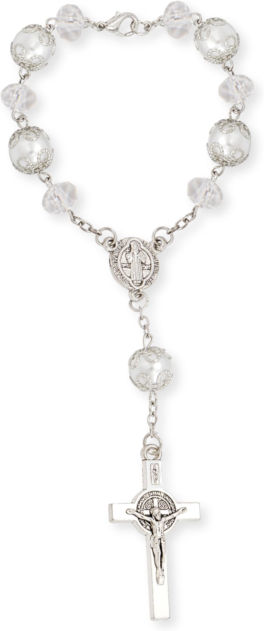 One Decade Car Rosary, St. Benedict Medal Interior Rear View Mirror Charm Auto Rosary, Catholic Rosary Hanging Pendant, Interior Men Women Car Accessories (White)