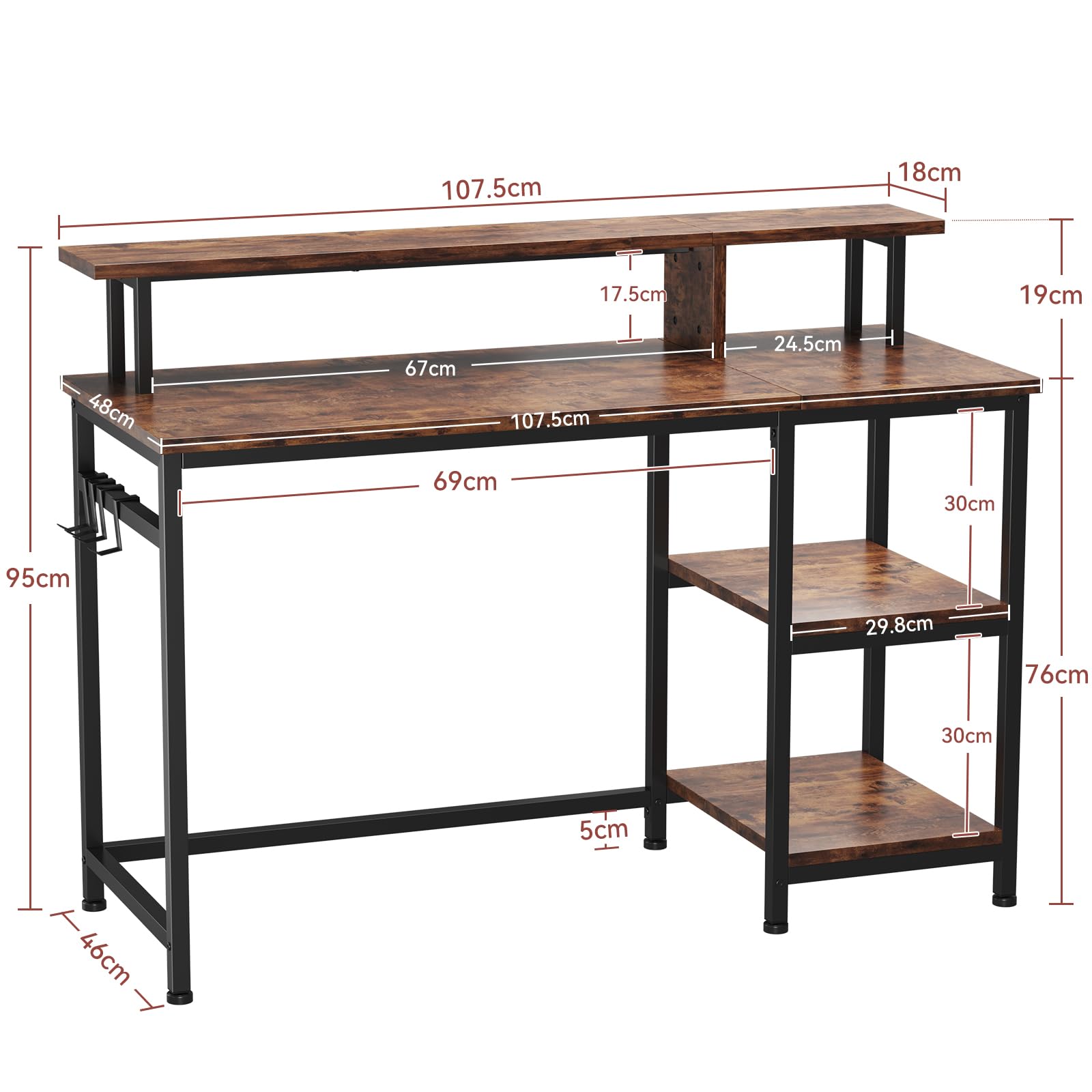 Dripex Schreibtisch, Computertisch mit Monitorständer und Abnehmbarem Regal, Bürotisch für Home Office, Wohnzimmer, Klein PC Gaming Tisch 107x46x95cm, Rustikales Braun
