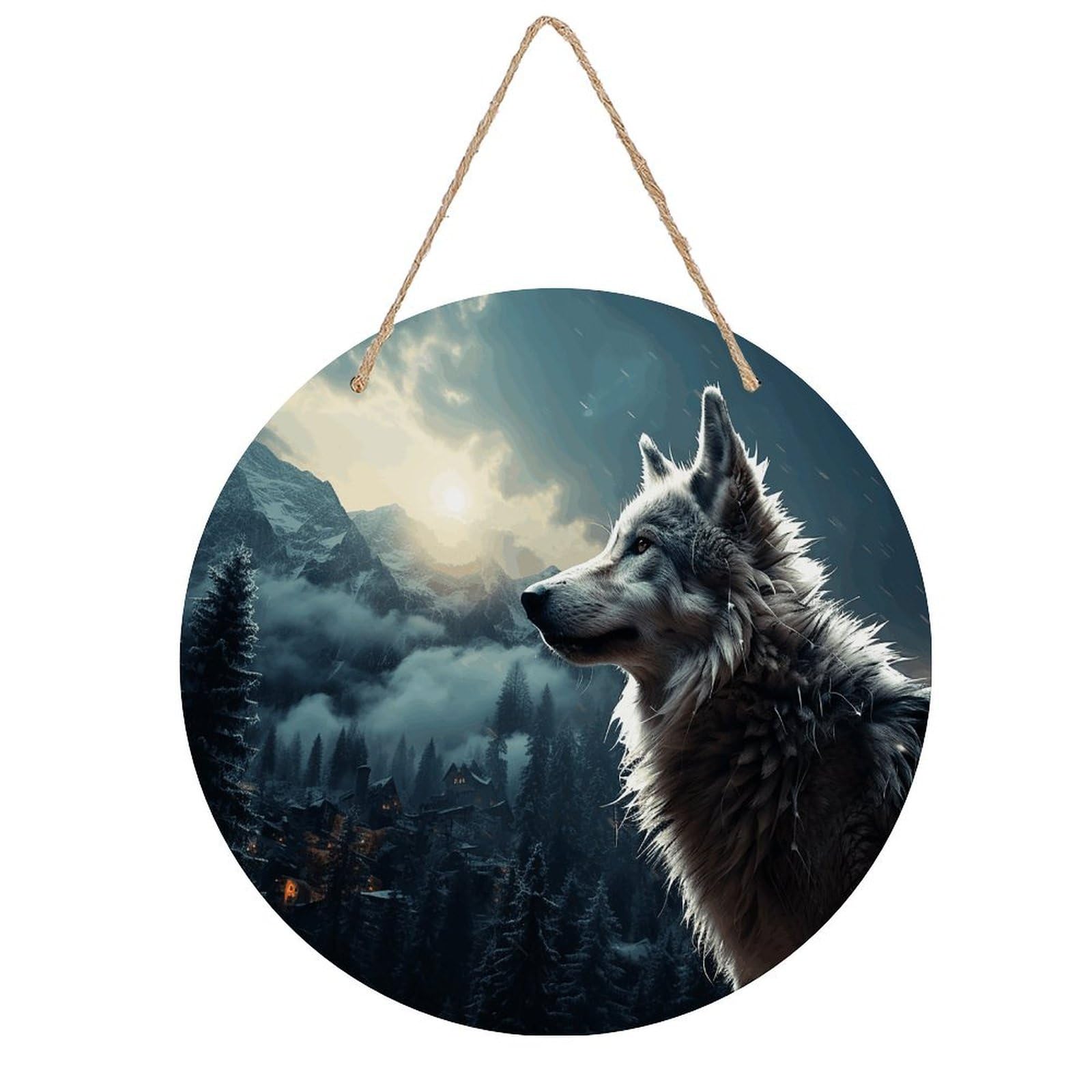 VstaDank Wolf at Night Wooden Wall Art Decor Round Wood Plaque Wooden Door Hanger Sign with Hole And Hanger Rope Trend Wood Decorative Paintings for Home Outdoor Indoor 7.87 Inch