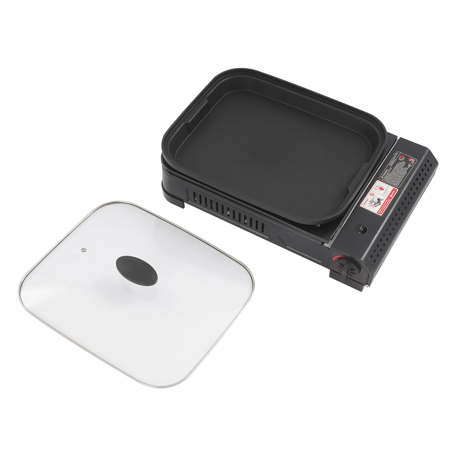 Réchaud de camping à gaz 2 en 1 avec plaque de cuisson piézoélectrique, barbecue portable, couvercle en verre, mallette