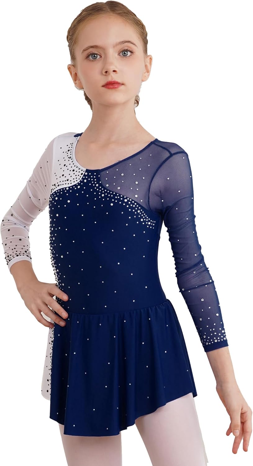 ranrann Kids Girls Shiny Long Sleeve Figure Ice Skating Gymnastics Leotard Dress Ballet Dance Dress Lyrical Dancewear Costume