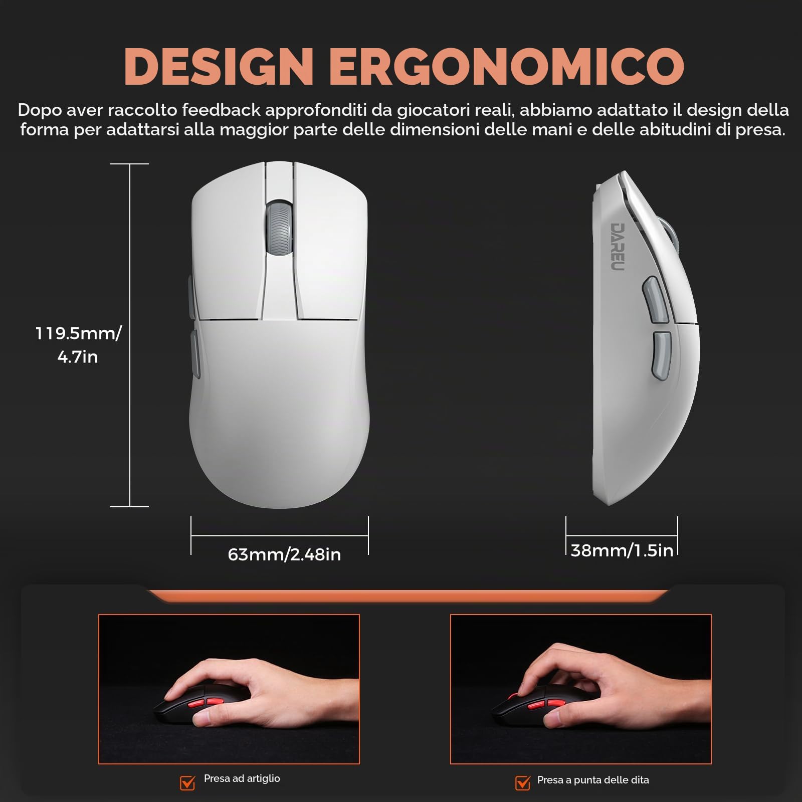 DAREU A950 Wing 8K Mouse da gioco wireless leggero 1,23 oz (35 g), sensore ottico PAW3950 30K personalizzato, doppia frequenza di polling 8k cablato/wireless, simmetrico, 5 pulsanti programmabili