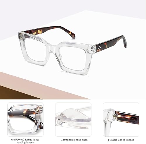 Miniatura 4 de AMOMOMA Anteojos de lectura cuadrados de gran tamaño retro para mujeres y hombres, luz azul, para computadora, gruesos, para mujer, bisagra de