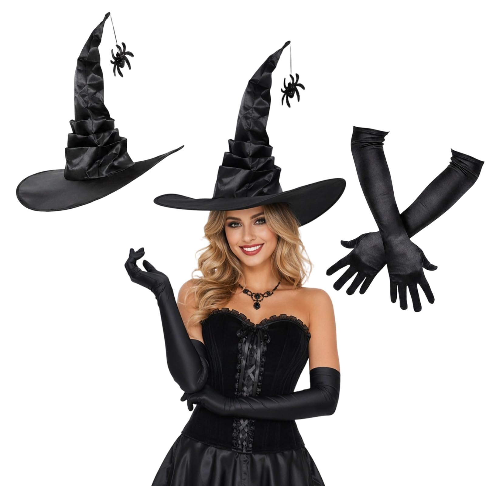 2-Piece Witch Hat Set, Classic Black Witch Hat with Long Gloves, Complete Witch Costume for Halloween Parties and Cosplay Events, Versatile Witch Accessories for Themed Performances and Gothic Fashion