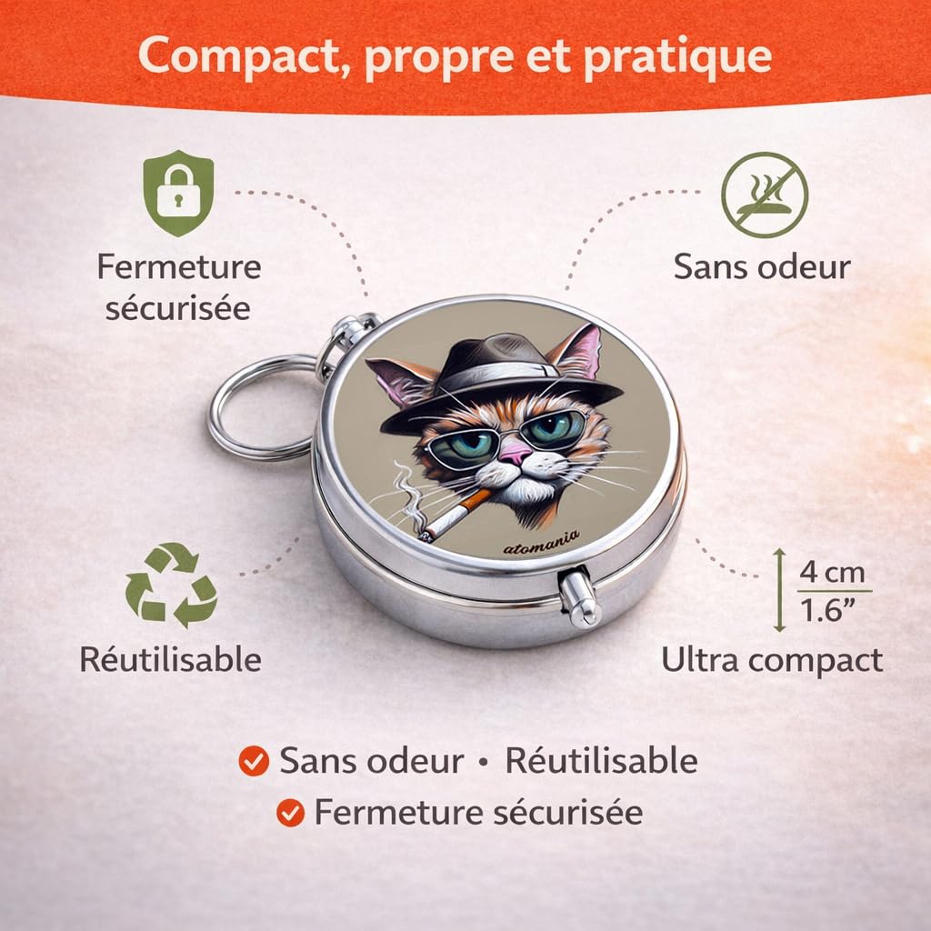 Cendrier de poche Pause Chat – Message humoristique – Chat stylé lunettes & chapeau – Étanche anti odeur – Acier inoxydable – Porte clé amovible – Compact 5 cm 70 g – Accessoire fumeur fun – Atomania