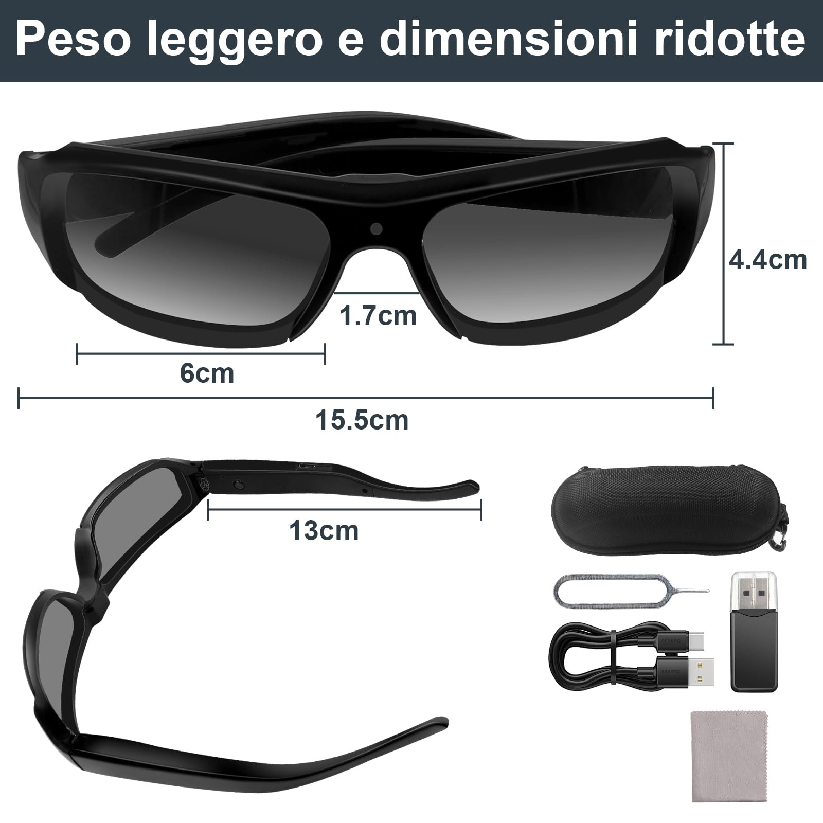 Telecamera Spia Occhiali HD 1080P, Occhiali da Sole con Fotocamera Integrata, Videocamera spia mini esterno registrazione in loop FPV Action Camera per attività all'aperto, 2 ore
