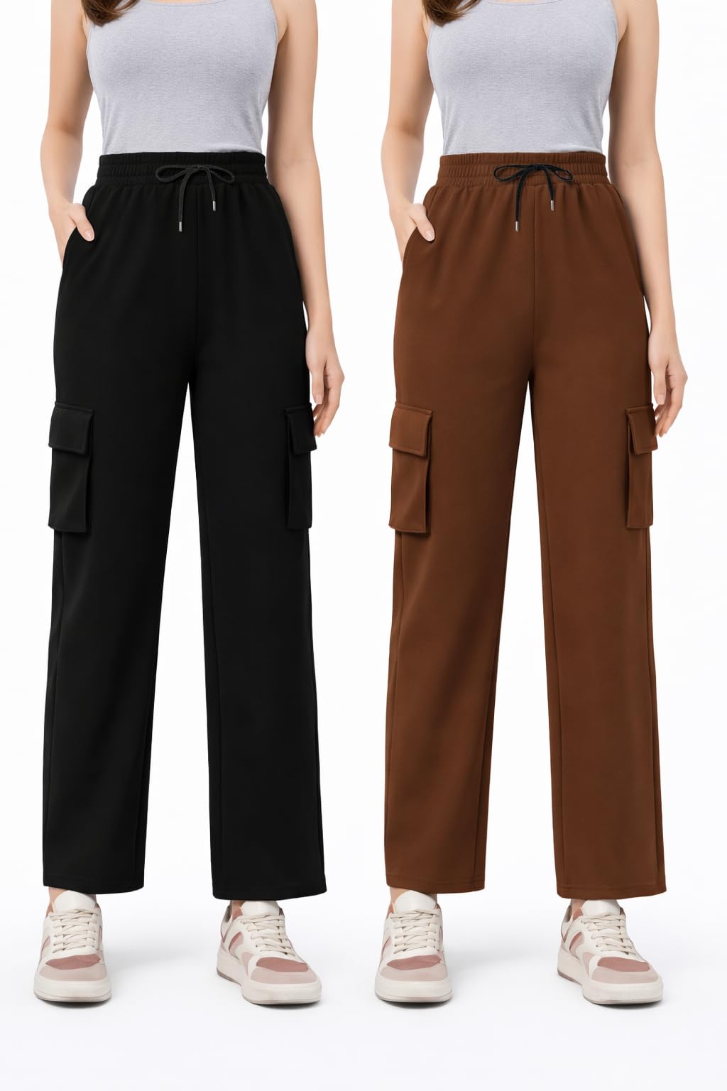 Pack of 2 Women’s 4 Pocket Cargo Joggers, Soft Twill Cotton Comfortable Track Pants | High-Waist Cargo for Office, Travel, Gym Workout & Casual Wear-picture-52