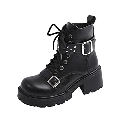 Womens Motorcycle Style Ankle Boots with Belt Buckle Round Toe Lace-Up Front and Chunky Mid Heel