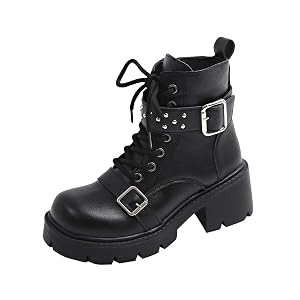 Womens Motorcycle Style Ankle Boots with Belt Buckle Round Toe Lace-Up Front and Chunky Mid Heel