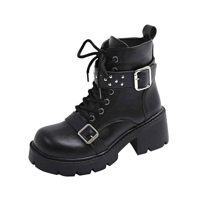 Womens Motorcycle Style Ankle Boots with Belt Buckle Round Toe Lace-Up Front and Chunky Mid Heel
